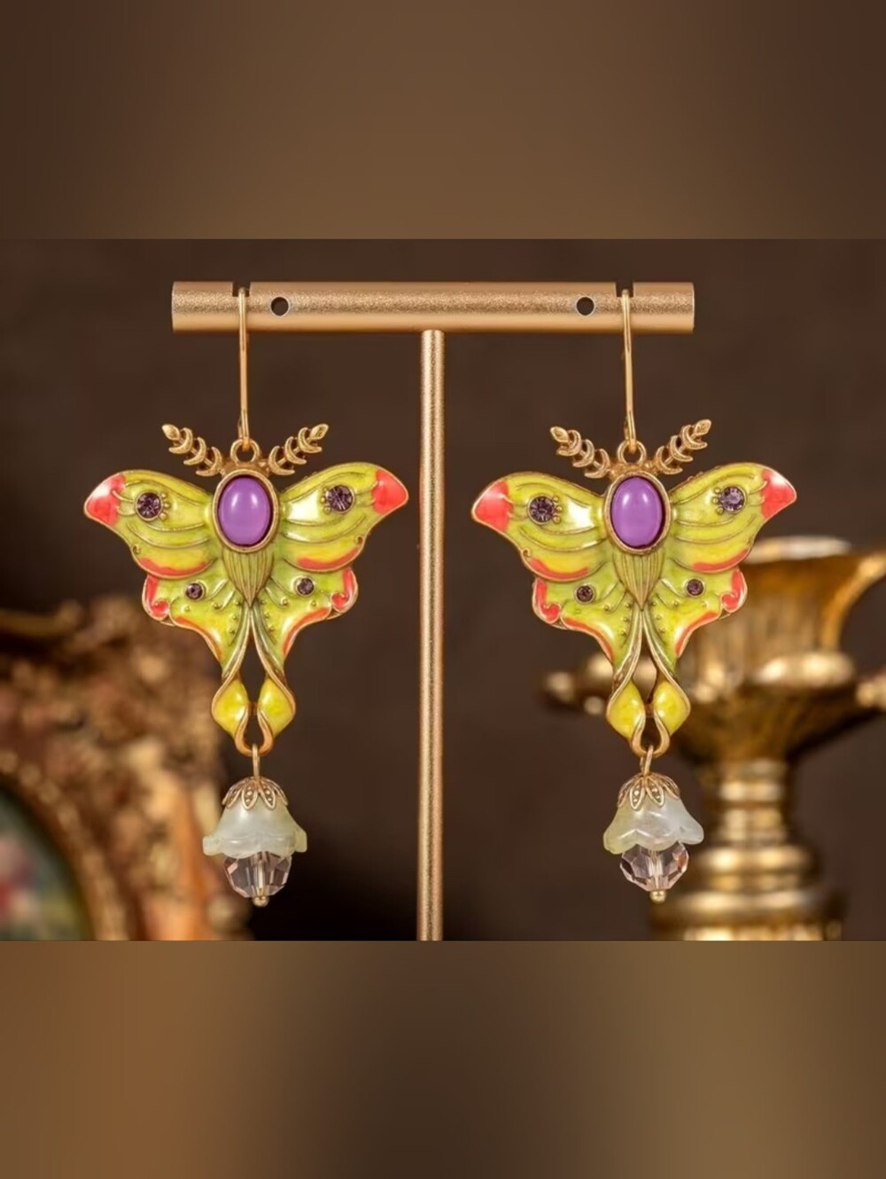 Gold-Tone Moon Moth Drop Earrings with Purple Accent - Women Jewelry